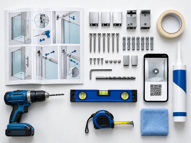 Complete shower screen fixing kit with installation instructions screws wall plugs and QR code video guide