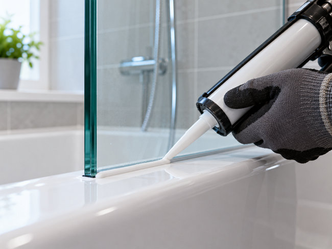 Applying a neat silicone bead to the external edge of a bath screen for a watertight, leak-free seal