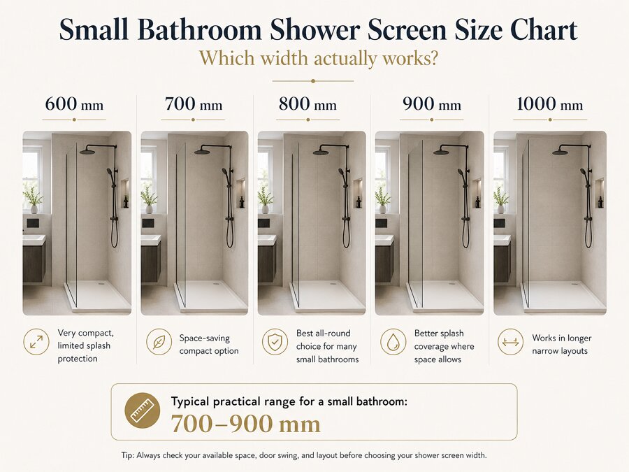Small bathroom shower screen size guide showing 700mm, 800mm and 900mm screen options in a UK bathroom