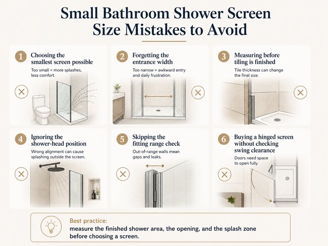 Small bathroom shower screen size mistakes including incorrect measurements, narrow entrances and insufficient swing clearance