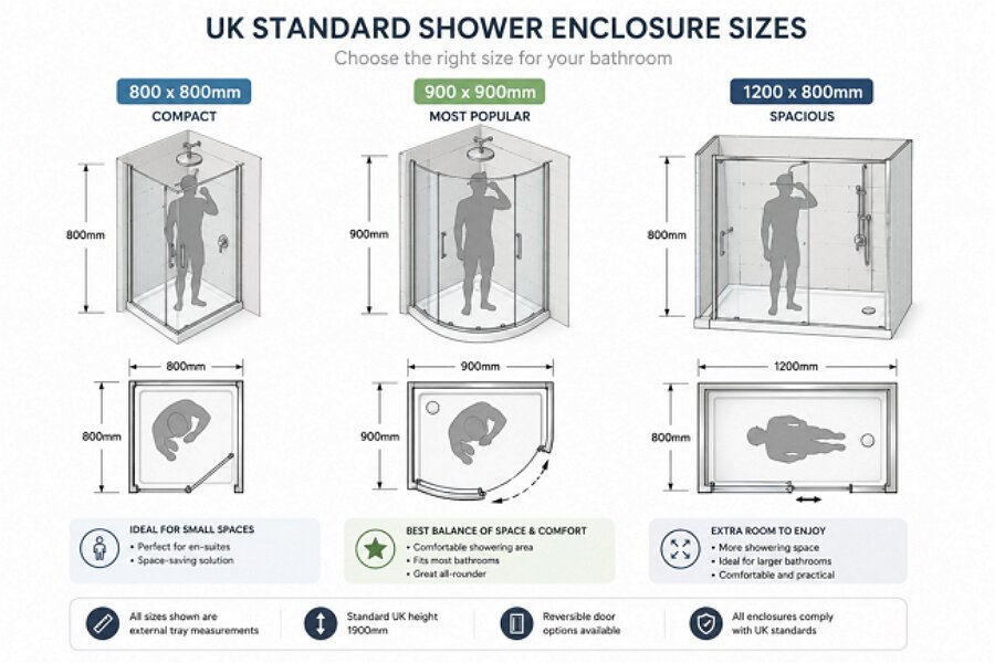 UK standard shower enclosure size comparison 800x800 vs 900x900 vs 1200x800mm with human figure scale