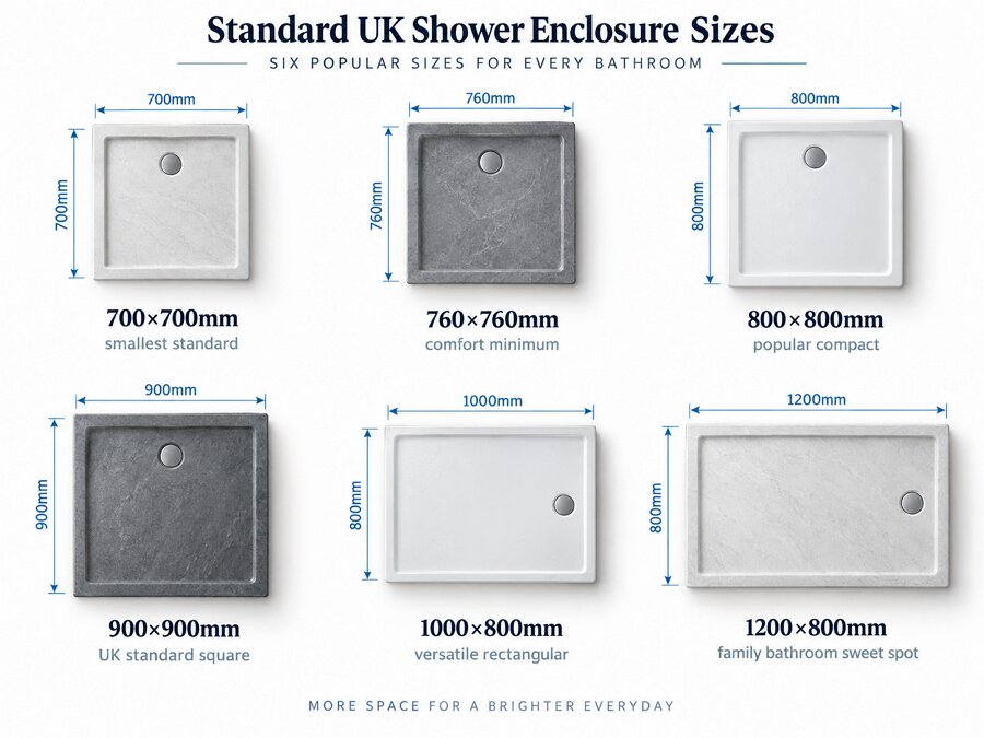 standard UK shower enclosure footprint sizes dimensions chart