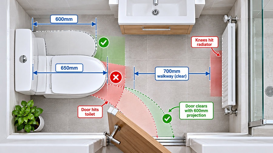 toilet projection 600mm 650mm door swing radiator clearance UK plan