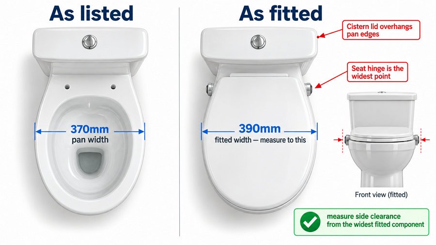 toilet widest point seat hinges cistern lid not pan UK measurement
