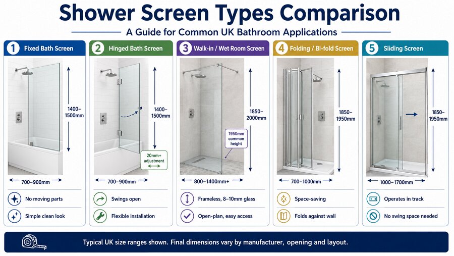 Types of shower screens UK - fixed hinged walk-in bi-fold and sliding comparison