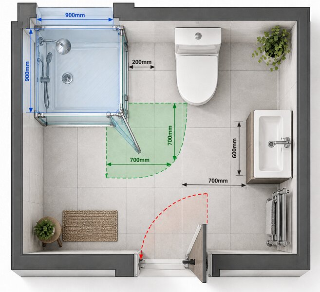 UK bathroom layout shower clearance spacing rules diagram