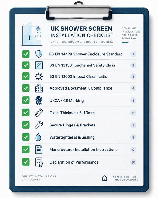 UK shower screen compliance checklist BS EN 14428 UKCA 2026