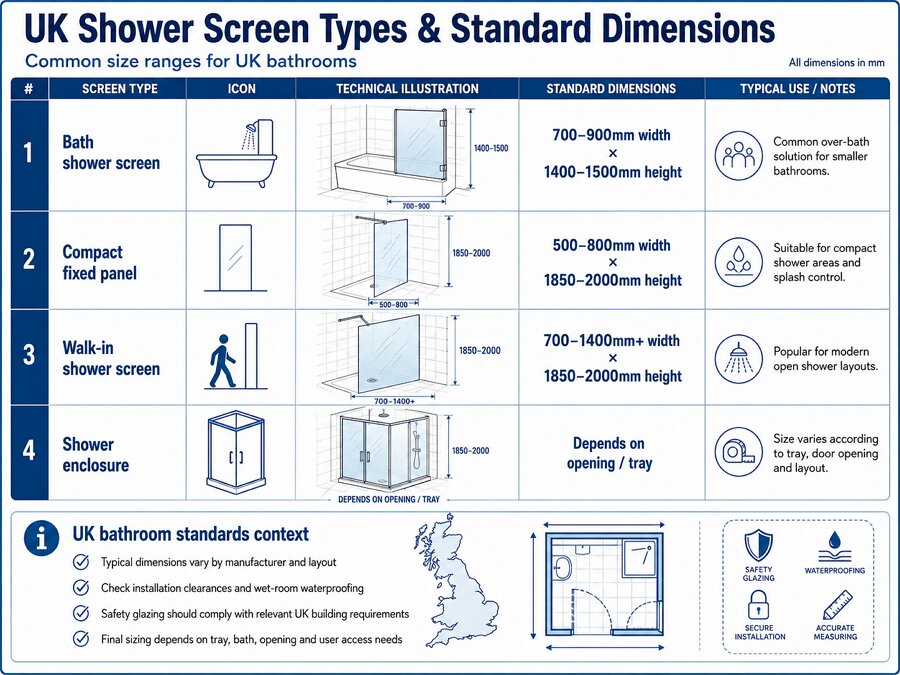 UK standard shower screen sizes chart - bath screens walk-in screens and enclosures dimensions guide