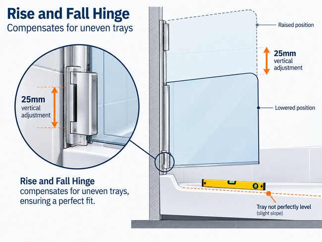 Diagram of vertical adjustment and rise and fall hinge on a bath screen compensating for uneven shower tray in UK bathroom
