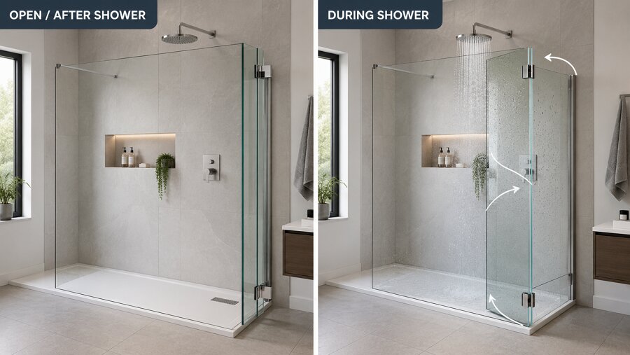 Hinged flipper panel on a walk-in shower screen blocking sideways water spray