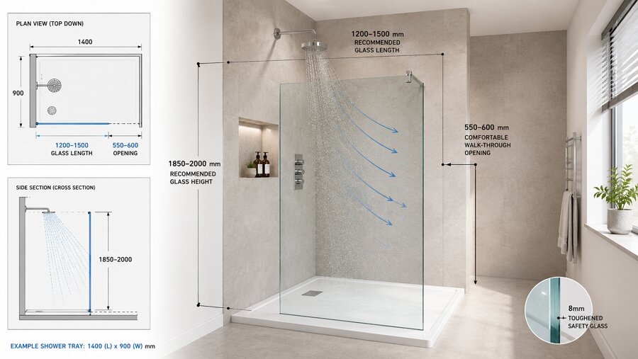 1200–1500mm walk-in shower glass screen with a 550–600mm entrance for splash control