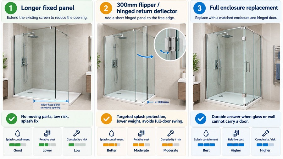 walk-in shower screen alternatives longer panel flipper full enclosure UK