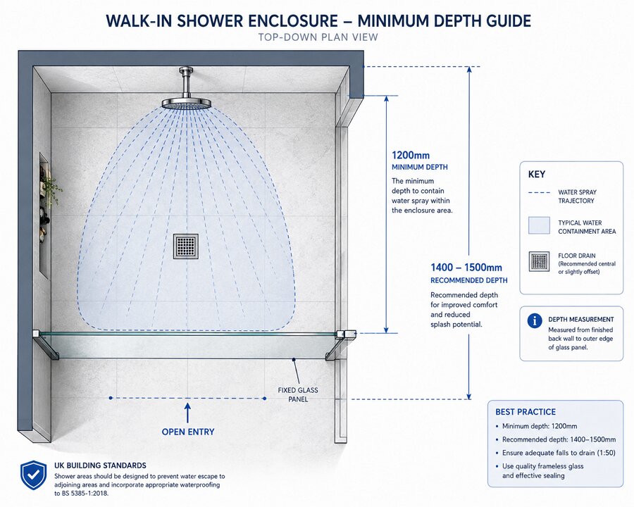 Walk-in shower size diagram showing a 1200 x 800mm shower area, fixed glass screen and open entry