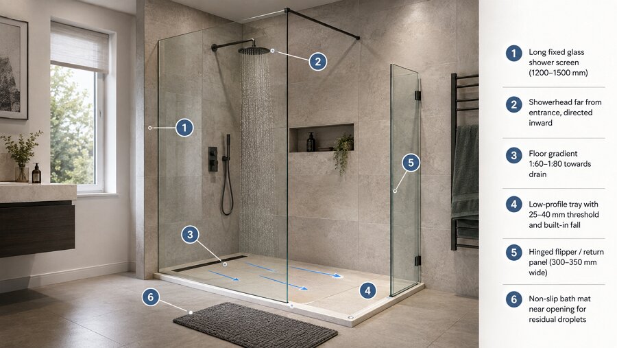Six ways to prevent water splashing out of a walk-in shower