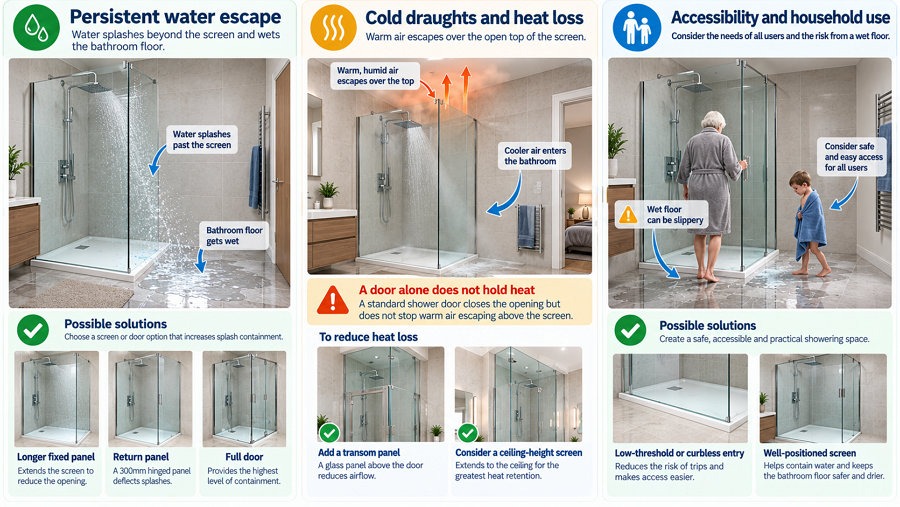 walk-in shower water escape cold draught accessibility door solutions UK