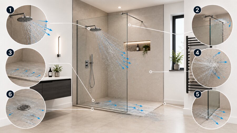 Six common walk-in shower design mistakes that cause water to splash outside